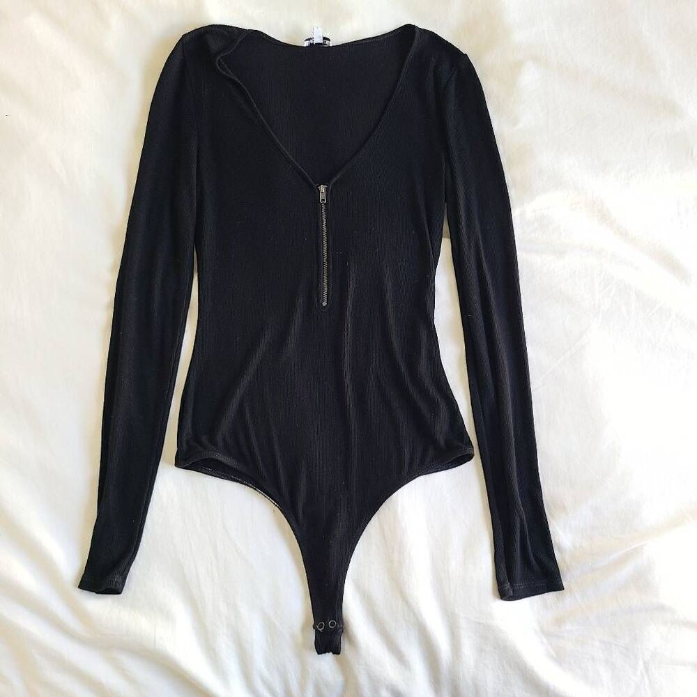 Splendid Bodysuit Womens Small Black Knit Long Sleeve Half Zip Up Rayon Blend